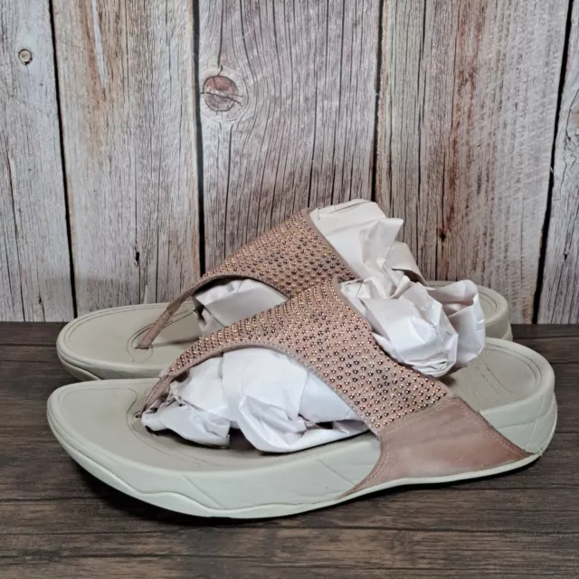 Fitflop LuLu Leather Thong Flip Flop Rose Gold Silver Studded Sandals Women's 8