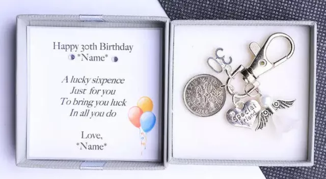 Personalised 30th Birthday Lucky Sixpence Charm Novelty Keyring - Gift for Her