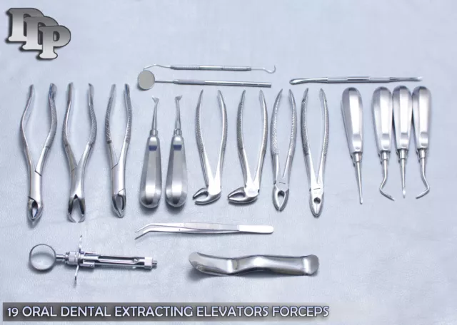 19 Pcs Oral Dental Root Surgery Extracting Elevators Forceps Instruments Kit Set