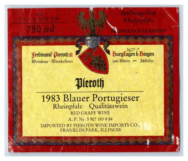 1970's-80's Peiroth Blauer Portugieser German Wine Label Original S24E