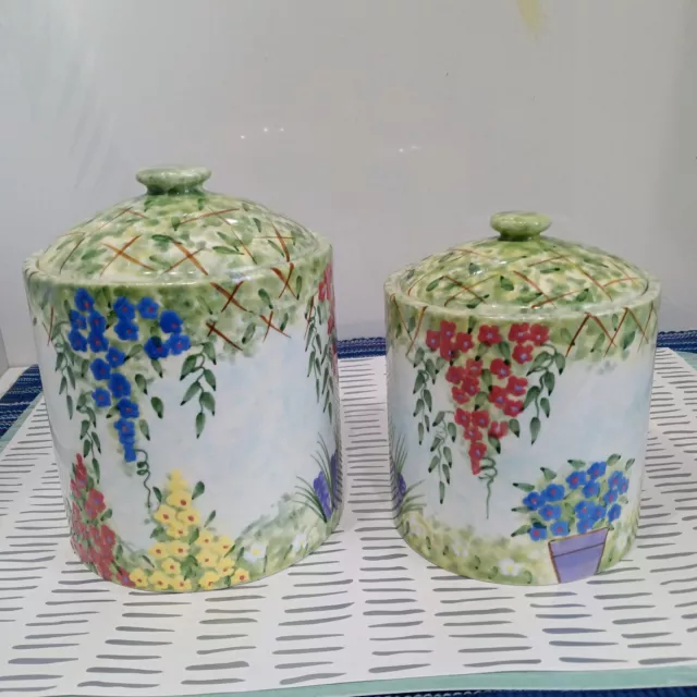  Vintage Flowers Inc Balloons Ceramic (2) Canisters Hand painted Spring Floral 