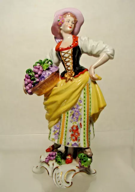 Rudolf Kammer Volkstedt Hand Painted Porcelain Woman with Grape Basket Figurine