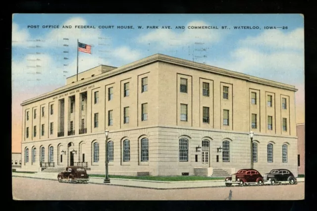 Post Office postcard Iowa IA Waterloo Federal Court House cars street lamps