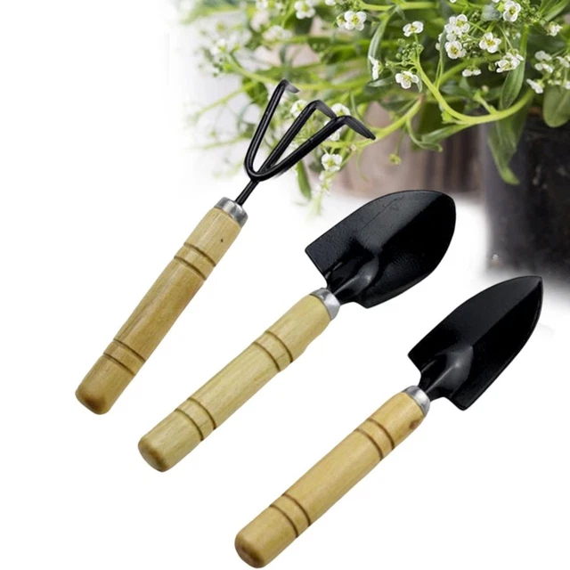 Outils De Jardinage, 3 Pièces, Mini Pelle, Râteau, Bêche, Ensemble D'outils For Bonsaï, Manche En Bois For Fleurs Et Plantes En Pot