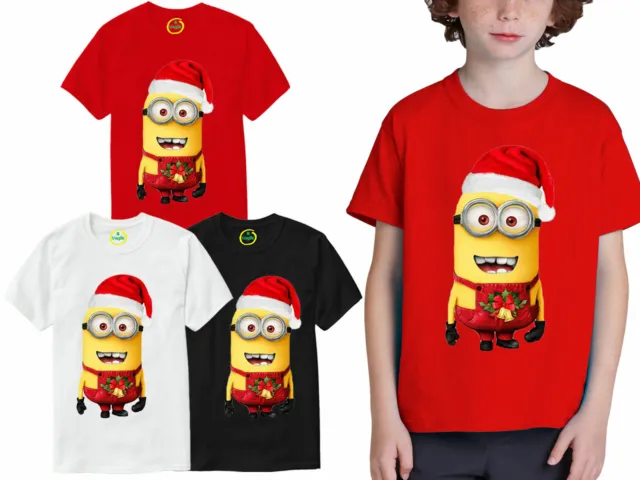 Kids Boys Girls Minions Santa Claus Xmas Christmas Tee T-Shirt Top Tshirt