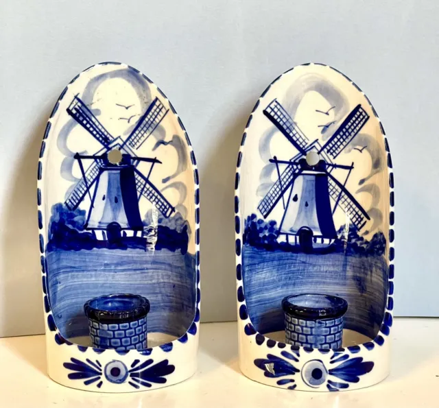 Pair of Delft Blue and White 5 3/4" Candle Sconces with Windmill Design
