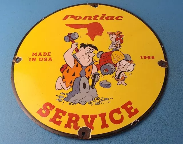 Vintage Pontiac Automobiles Sign - Flintstones Cave Man Porcelain Gas Pump Sign