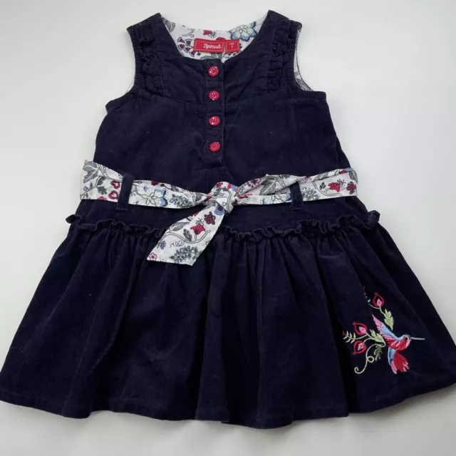 Girls size 1, Sprout, embroidered navy corduroy cotton dress, EUC