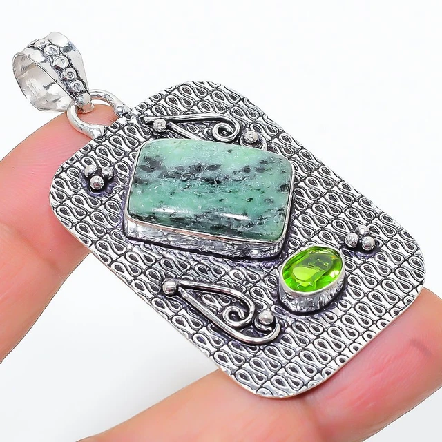 Ruby Zosite, Peridot Gemstone 925 Sterling Silver Jewelry Pendant 2.40" S580