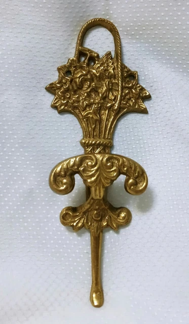 Vintage Antique Heavy Brass Coat Robe Hook*Victorian Flower Basket Design 8"... 5
