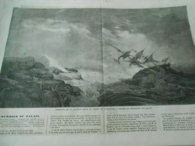 Gravure 1865 - Tempête dans le Golfe de Gascogne Navire en Détresse
