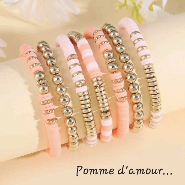 Lot De 7 Bracelets élastiques En Perles Heishi, Tons Roses, Faits Main En France, Neufs