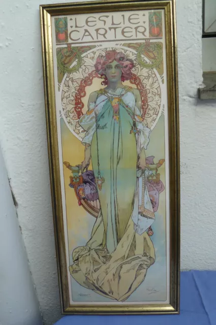 Jugendstil Kunstdruck LESLIE CARTER von A. Mucha aus 1908 Holzrahmen & Glas L104