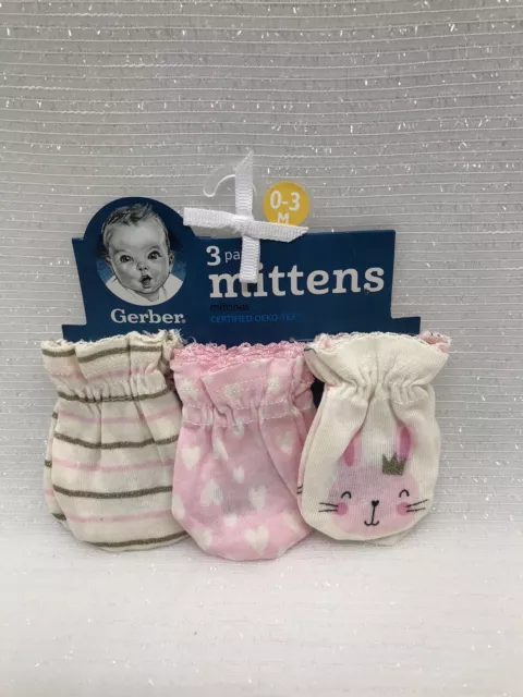 Gerber 3 Pack Baby Girl No Scratch Mittens Gloves Pink Bunny Striped 0-3 Months