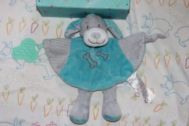 Doudou Tom & Kiddy Bisous D'ange Chien Plat Bleu  Os Gris Anneau Dentiton Grelot