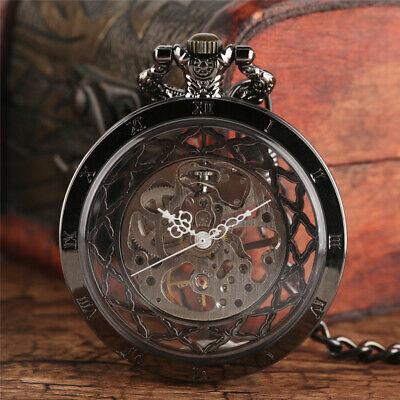 Men Vintage Skeleton Windup Mechanical Pocket Watch Fob Chain Antique Retro Gift
