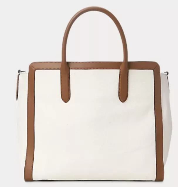 NWT Lauren Ralph Lauren Canvas Large Tyler Tote Bag White/Tan 3