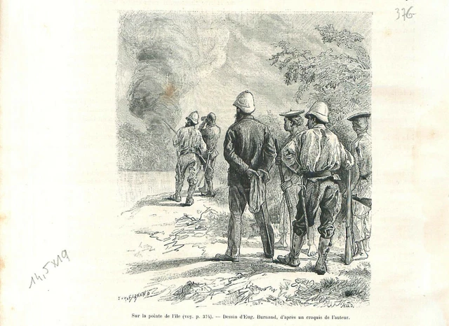 Sur le bord de l'île au bord du Fleuve Rouge au Viêt Nam Tonkin GRAVURE 1888