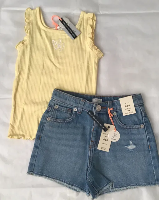 River island mini girls aged 2-3 years yellow frilly top jeans shorts set BNWT