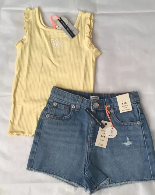 Set di pantaloncini jeans gialli River Island mini ragazze età 2-3 anni frilly top nuovi con etichette