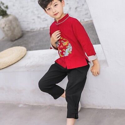2pcs Kids Boy HANFU Chinese Tang Suit Abiti CAPODANNO indumento RICAMO ROSSO