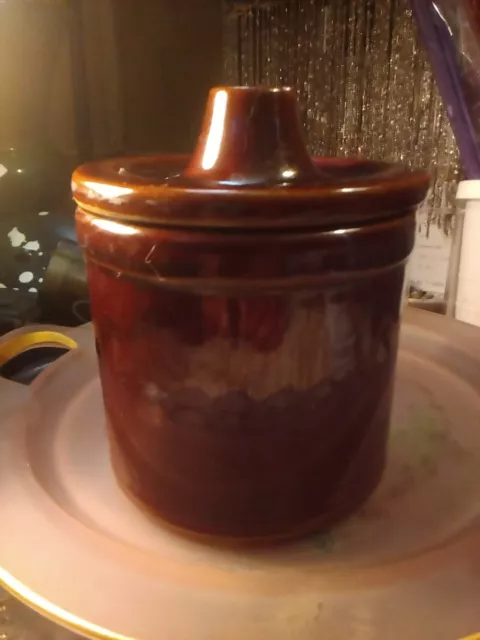 Vintage Dark Brown Glazed Food Stoneware Crock With Lid Crock Jar USA