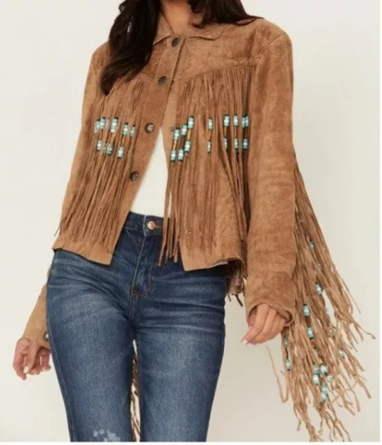 Womens Western Style Suede Leather Coat Handmade Fringe, Beaded Vintage Jacket