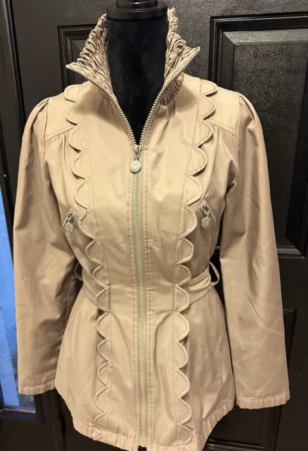 Betsey Johnson Scallop Front Full Zip Belted Lined Jacket Size Sm Beige Pockets