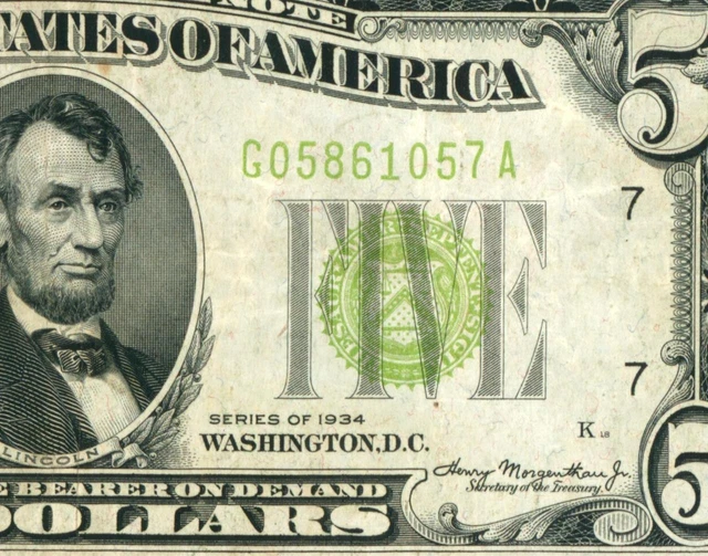 $5 1934 LGS LIME ((LIGHT GREEN SEAL)) Federal Reserve Note CURRENCY AUCTIONS