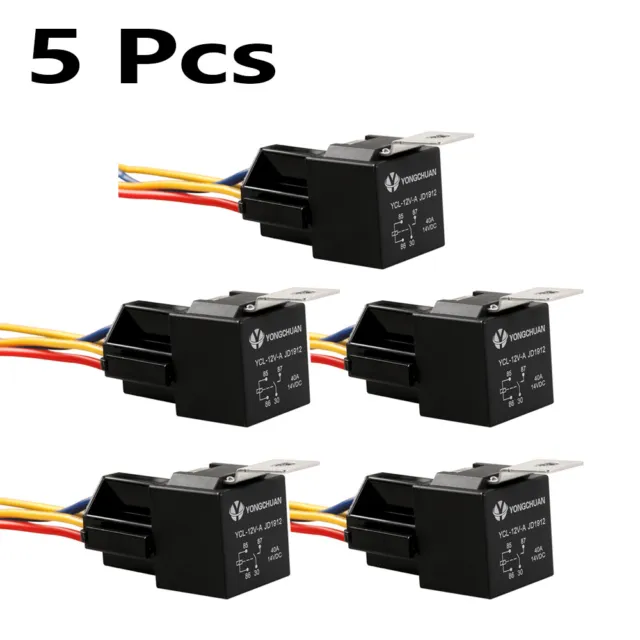 5 Pack 12V 40 Amp 4 Pin SPDT Automotive Relay with Wires & Harness Socket Set