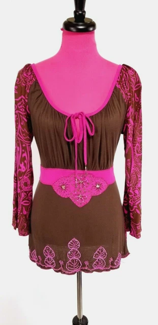 NWOT Krista Lee Knit Top Size S Womens Pink Brown Floral Beaded Sequin Keyhole