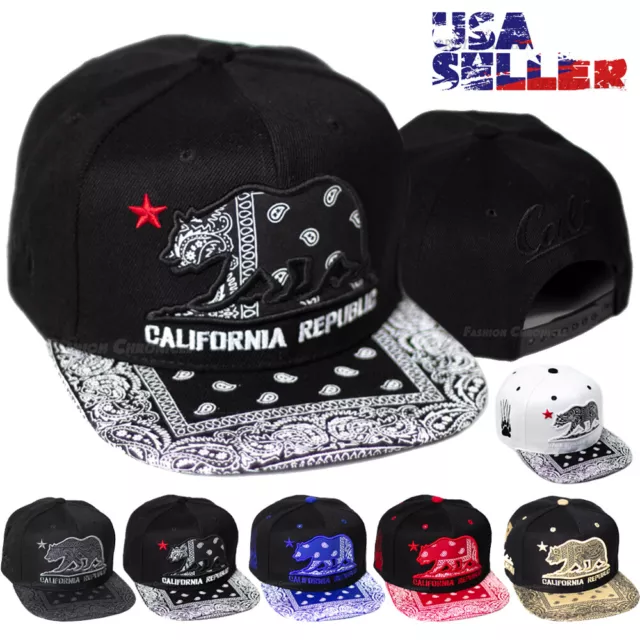 Baseball Cap California Republic Hat Bear Paisley Adjustable Snapback Flat Men