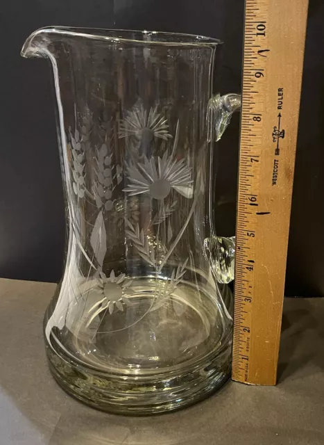 Vintage Very Nice Large Etched Flowers Glass Water Pitcher Thick Heavy Base  10" 2