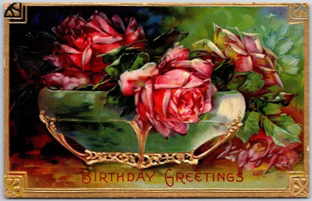 Birthday Greetings Red Roses In Silver Vase Golden Frame Postcard