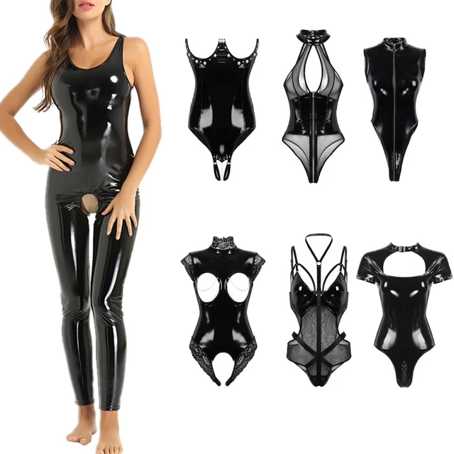 WOMEN WET LOOK Leather Leotard Sexy Crotchless Bodysuit Catsuit Lingerie  Cuples £20.59