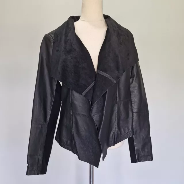 Portmans Black Genuine Leather Waterfall Collar Open Biker Jacket Size 12