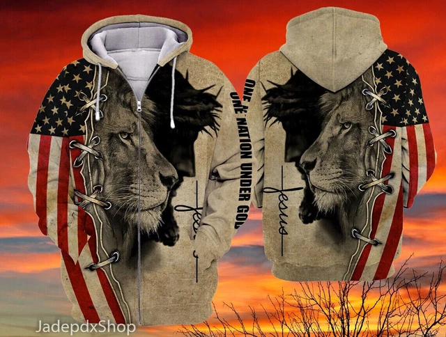 Jesus Praying Lion Of Judah Christian Cross Faith Flag Zip 3D HOODIE Us Size