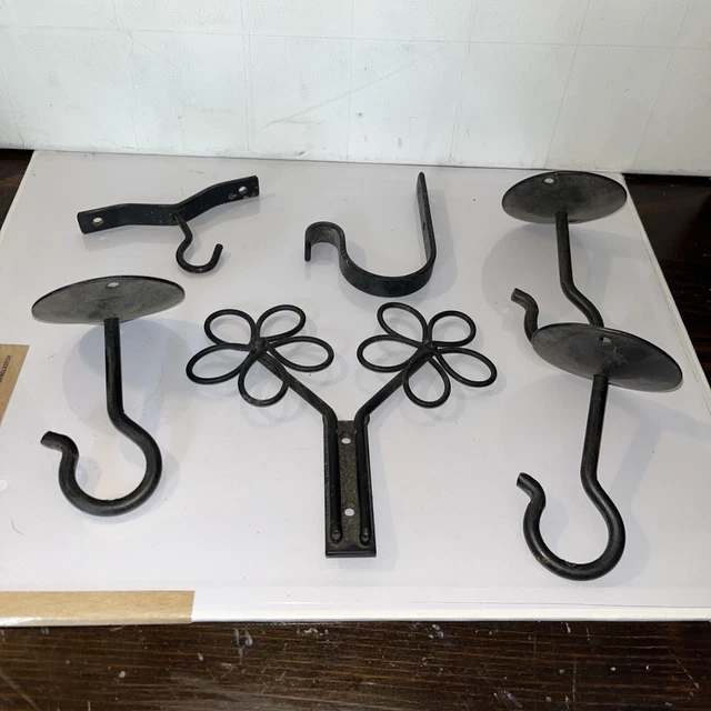 Vintage Lot Of 7 Wrought Iron Primitive Decorative Farmhouse Hooks Ceiling Wall 2