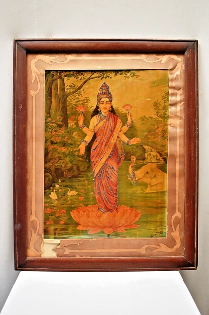 Mahalakshmi Ravi ANTIQUE LAKSHMI OLEOGRAPH Raja Ravi Varma Litho Print Hindu Goddess 26 ...