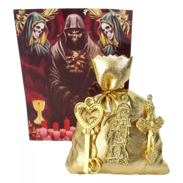 Amuleto Santa Muerte DORADO con Crucifijo / GOLD Holy Death Amulet Attract Money
