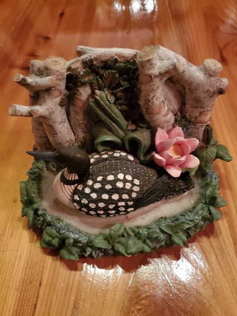 Loon Figurine In Pond W) Pink Flower & Oak Trees 4.5x6x4