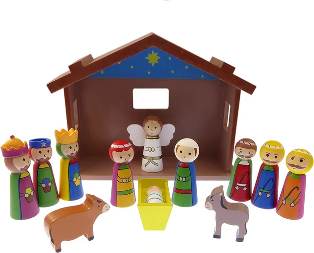 Niños Navidad Escena Navidad Juego Ornamento Madera Vertiente Jesús 12 Piezas