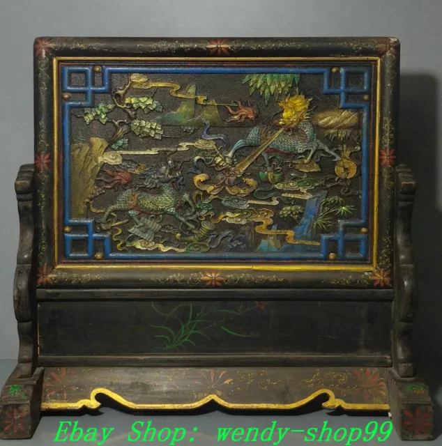 Old Chinese Dynasty Wood lacquerware Painting Dragon Kylin Unicorn Qilin Screen