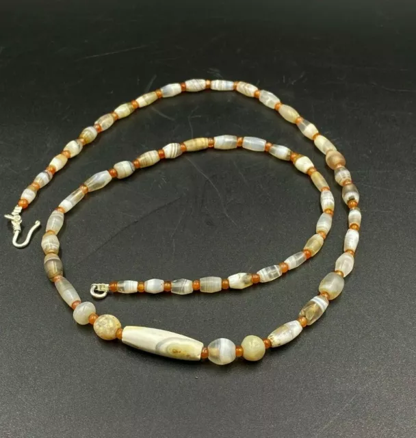 Old Antique Ancient Indo Greco Bactrian Banded Agate Beads Necklace Circa 256 BC