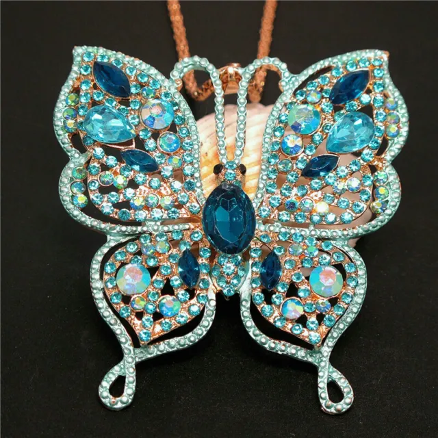 New Blue Bling Rhinestone Flower Butterfly Pendant Betsey Johnson Chain Necklace