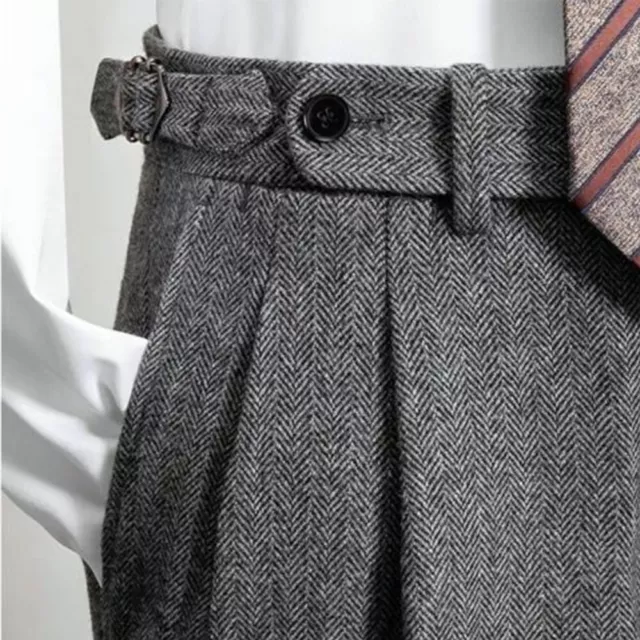 retro Men's Tweed Herringbone Pants Woolen Casual Business Trousers Slim Fit##