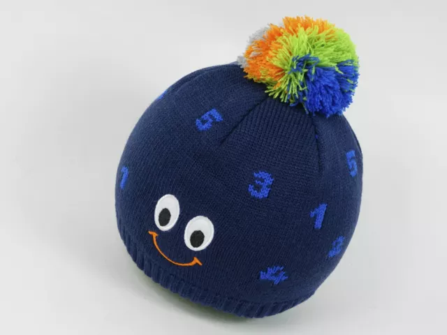 maximo Jungen Mütze mit Smile 47 49 blau mit Bommel Strickmütze Kindermützen TOP