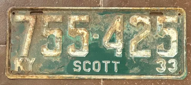 Kentucky 1933 SCOTT COUNTY License Plate # 755-425