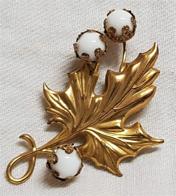 Broche Ancienne Feuille Fleur Cuivre - Boules En Opaline Blanc Laiteux, Bijou Vintage Femme