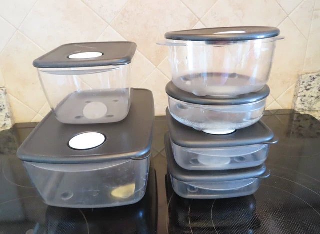 6 Piece Set Of Tupperware Rock N Serve Containers With Lids Clear With Black Lid